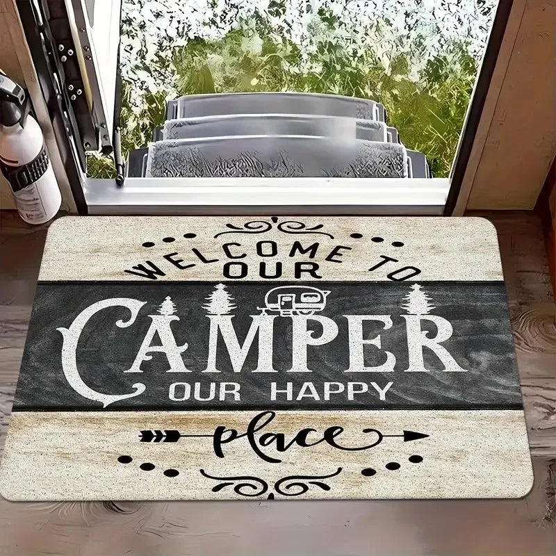 tapis sol antidérapant polyester résistant décoloration lettrage stylisé thème camping patte chien noir blanc