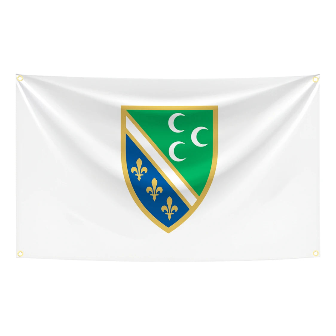 drapeau bosnie herzegovine polyester blanc bleu vert or gris armoiries fleurs lys croissants classique