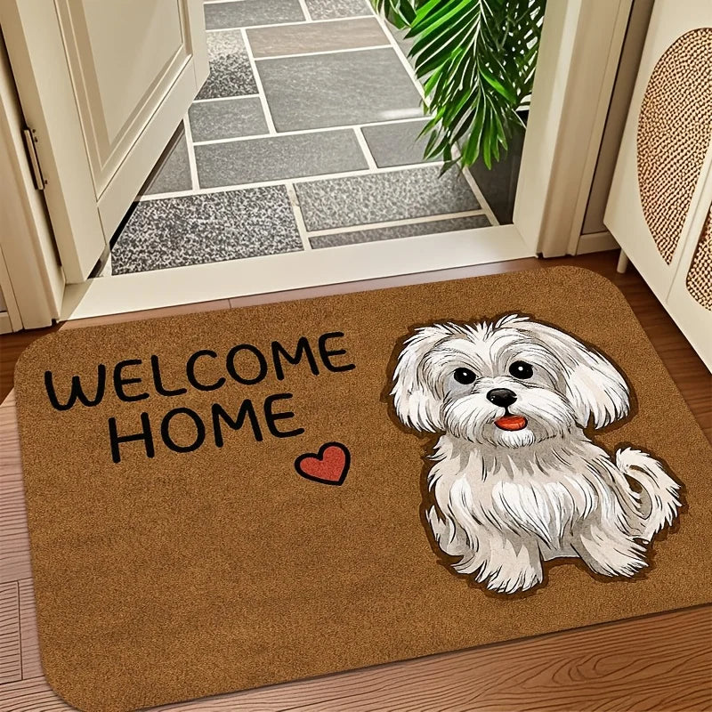 tapis d'entrée moderne marron clair chien blanc cœur rouge welcome antidérapant lavable machine durable
