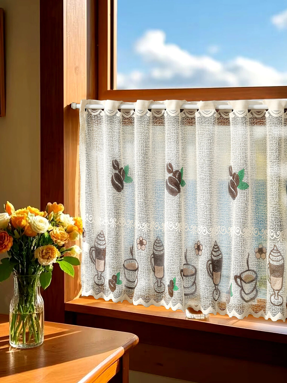 rideau polyester brodé tasse beige semi transparent classique cuisine fenêtre