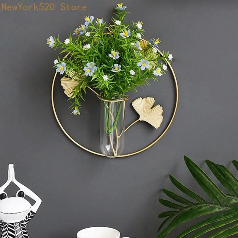 Support mural vase or transparent feuilles dorées moderne minimaliste anneaux suspendus