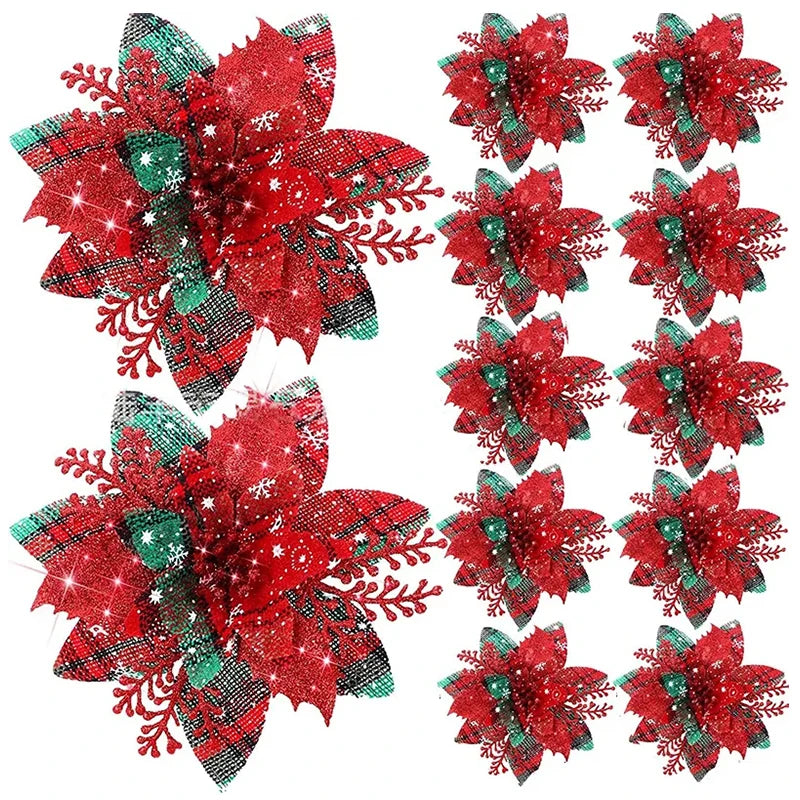 décoration noël fleurs artificielles rose glitter rouges décoratives festive maison