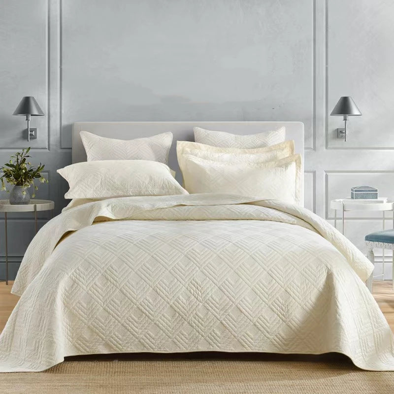 couvre lit 100% coton matelassé motif géométrique relief blanc crème classique 230x250cm 250x270cm oreillers