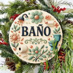 plaque décorative artisanale motif floral salle bain beige vert orange bleu toiletes douchette