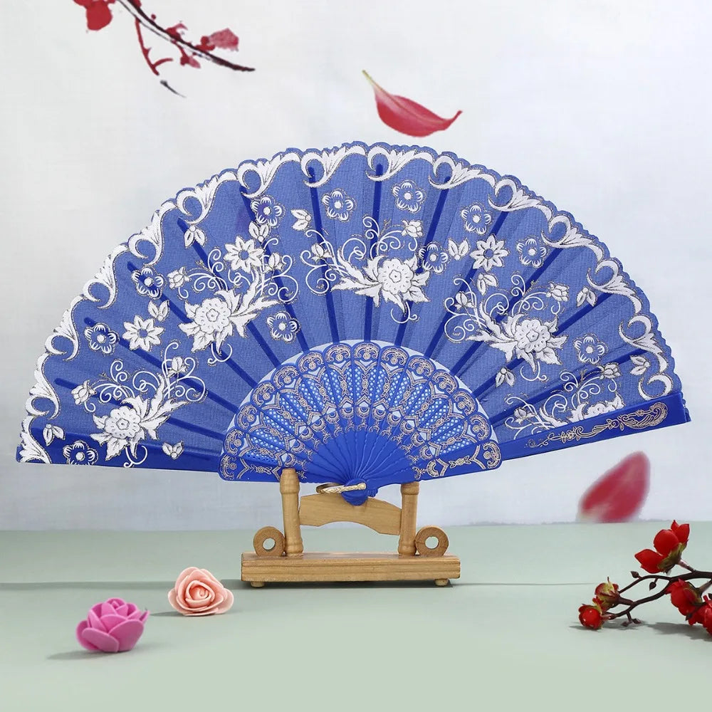 éventail pliant traditionnel violet blanc fleurs brodées clips métalliques pompon élégant décoration danse hand