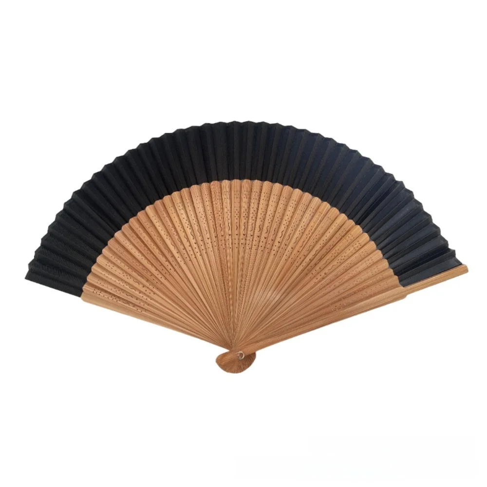éventail pliant bambou tissu noir beige rayures géométrique classique tassel summer dance deco