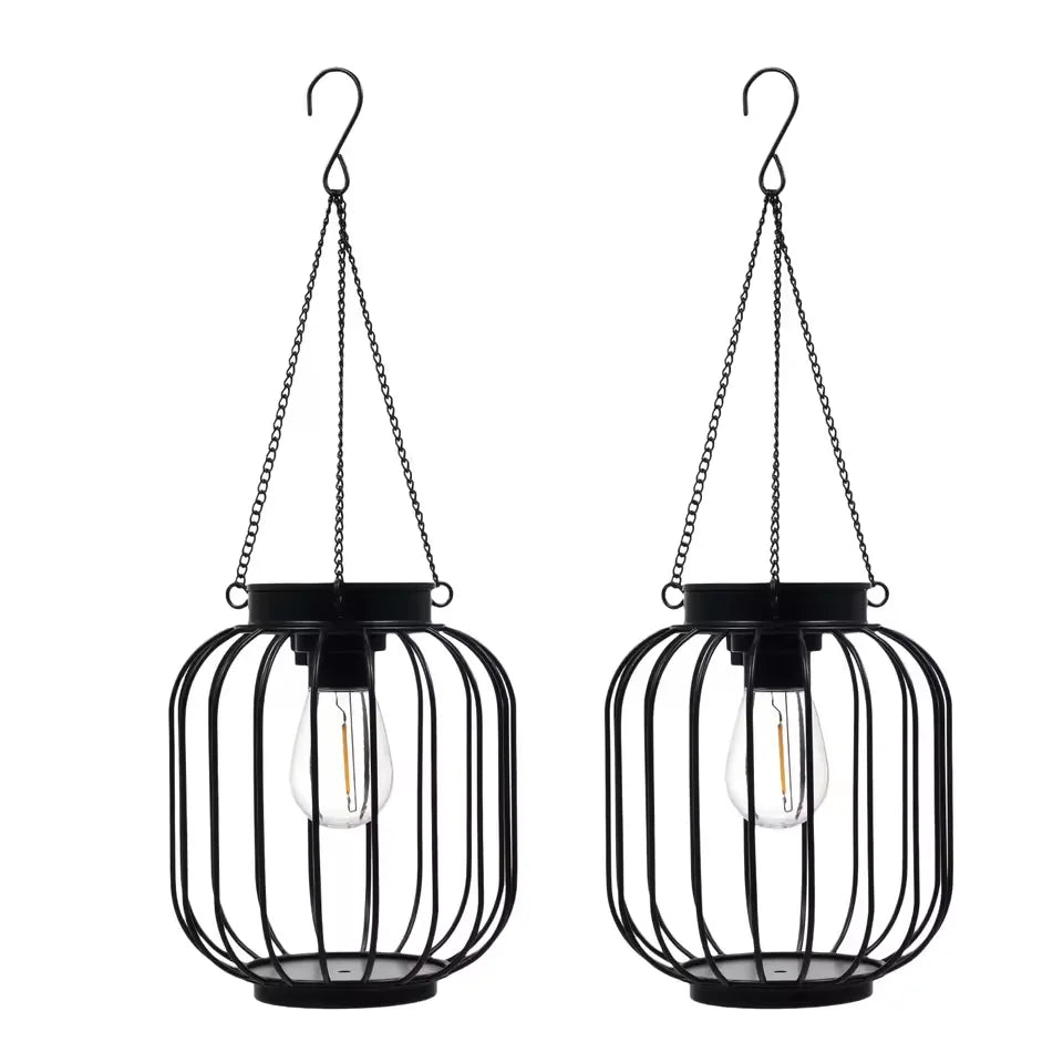 lanterne solaire vintage cage métallique noire ampoule led panneau solaireextérieur autoinstallation modes lumière jardin