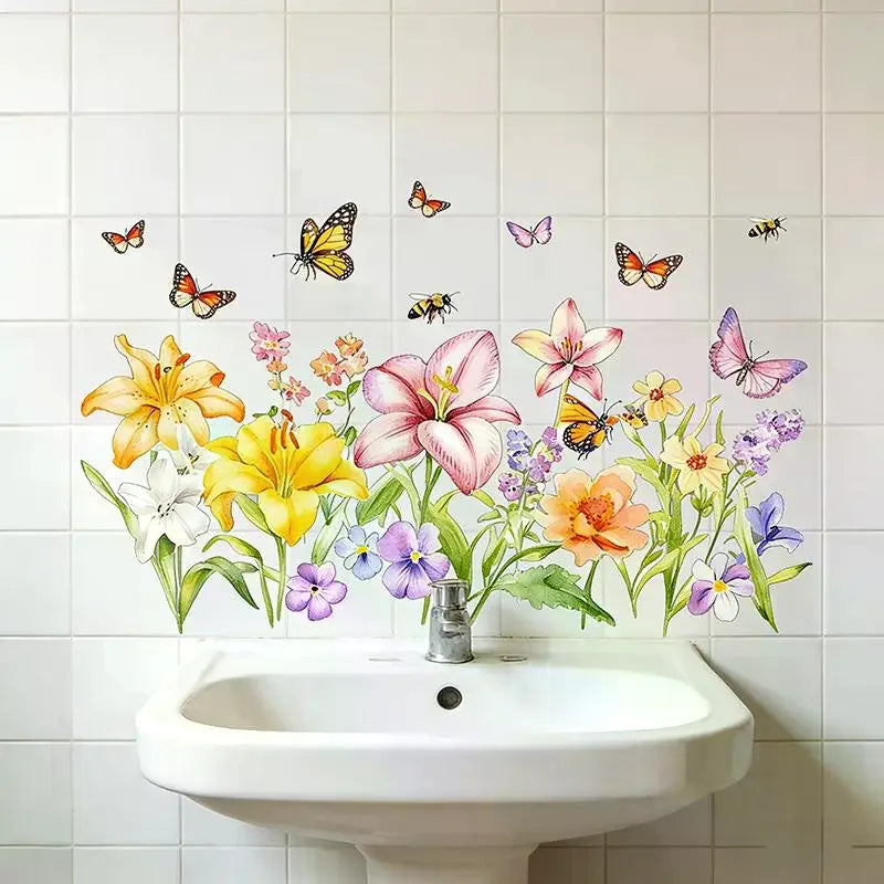 stickers muraux fleurs papillons multicolores salle bain cuisine décoration carreaux adhésifs amovibles artistiques