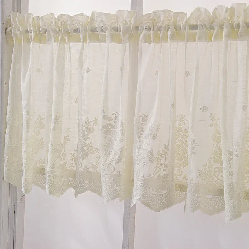 rideau valance floral bleu turquoise dentelle transparent champêtre tringle métallique