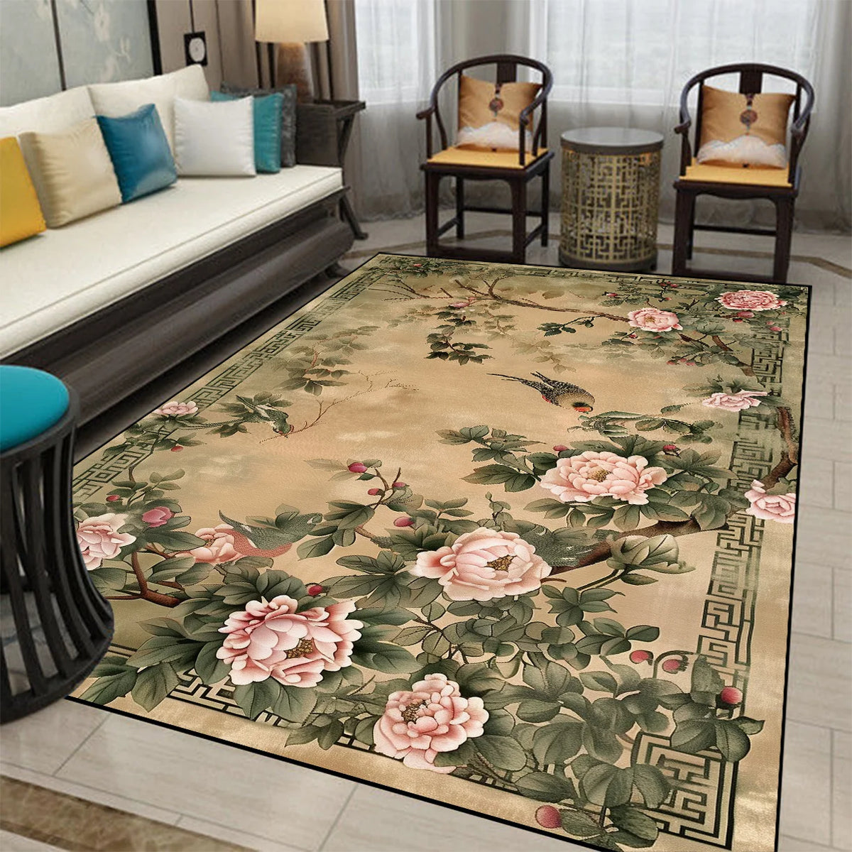 Un tapis décoratif oriental avec des motifs de fleurs de pivoine roses et vertes sur un fond beige, créant une ambiance élégante et traditionnelle dans ce salon contemporain.