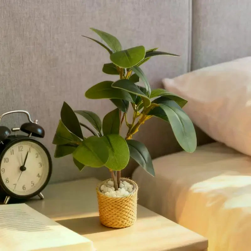 plante artificielle pot osier cailloux blancs feuilles vertes deco minimaliste maison poupée 18cm haute