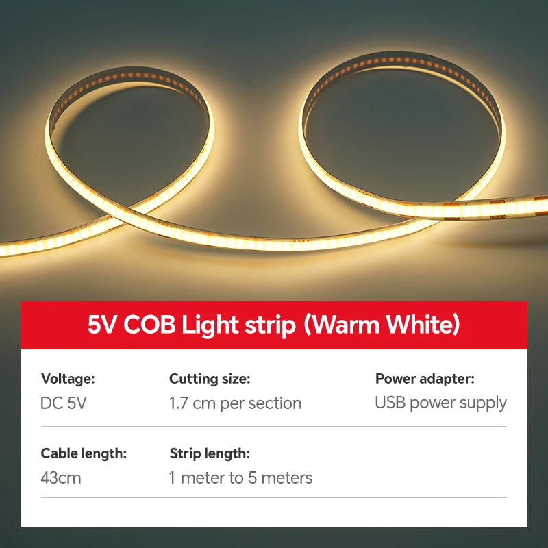 ruban led cob blanc chaud adhésif interrupteur tactile 3000k 5v usb moderne éclairage chambre