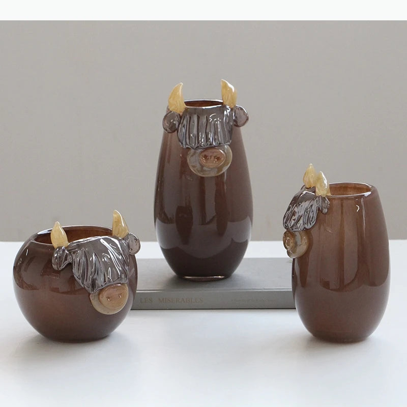 vase tête vache hauteurs cornes marron crème décoration table rustique fleuri moderne chambre salon