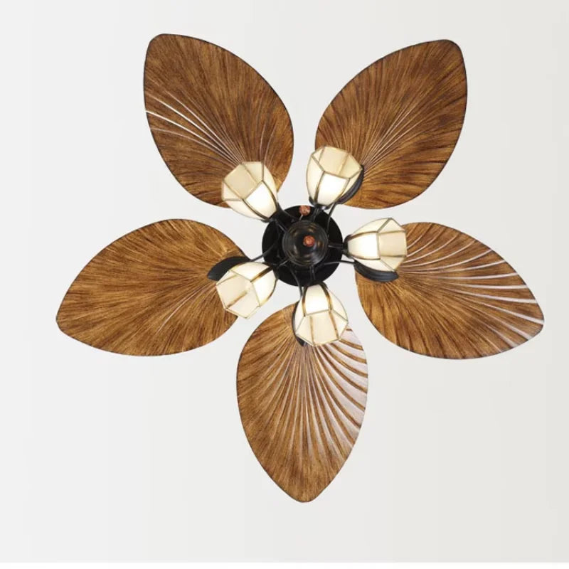 ventilateur 52 pouces moderne rustique feuilles palmier bois ampoules led télécommande lumières