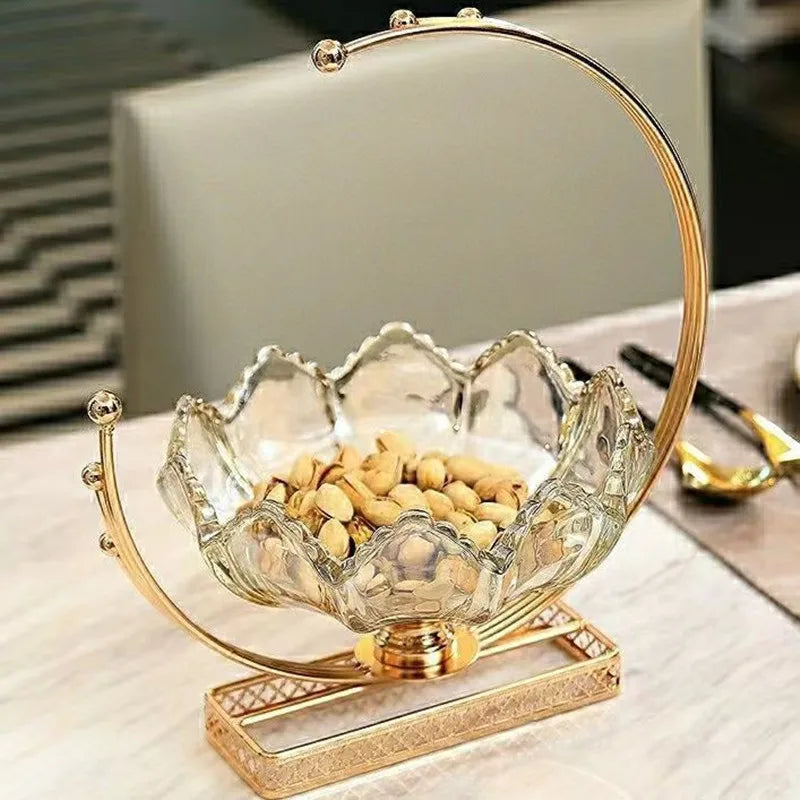 bol fruits verre transparent motifs pétales dorés élégants classique moderne phục vụ trái cây