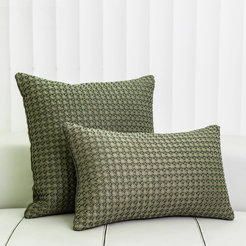 housse coussin vert olive motif géométrique contemporain polyester respectueux environnement coussin