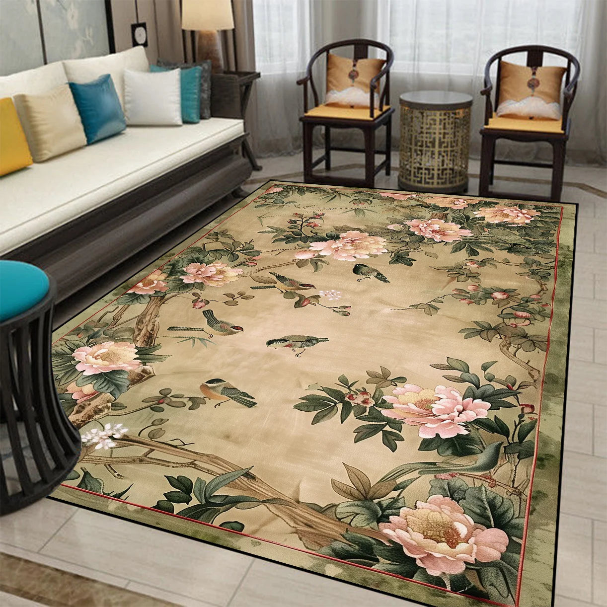 Un riche tapis floral, orné de fleurs de pivoine roses et de feuilles verdoyantes, crée une atmosphère chaleureuse et exotique dans cette salle de séjour moderne.