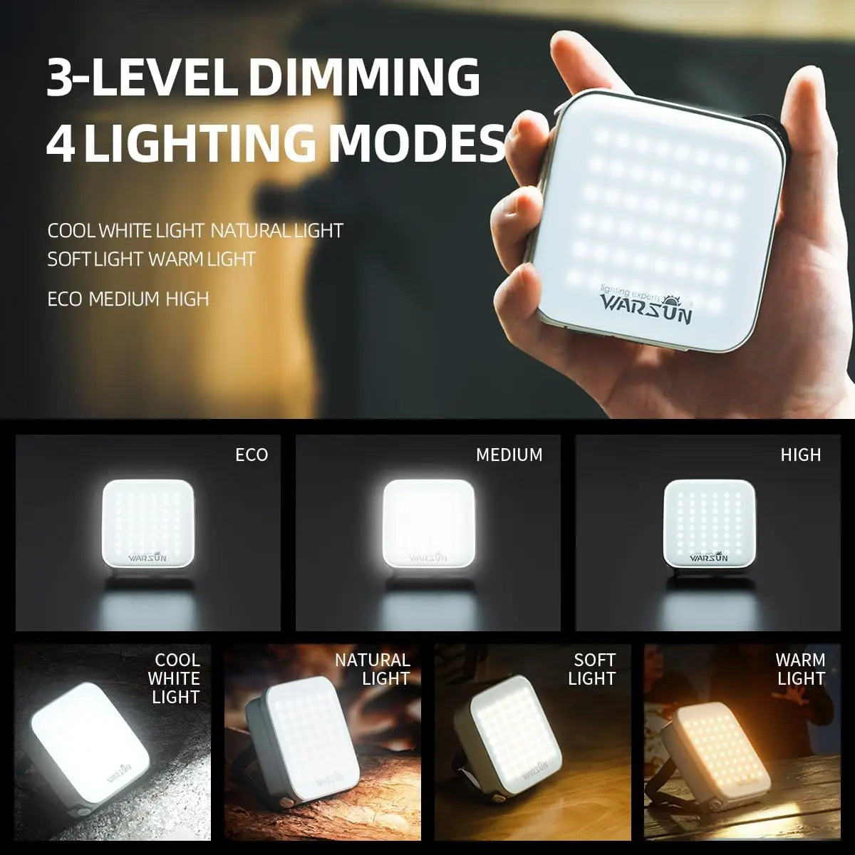 lampe camping rechargeable led ipx6 étanche 3niveaux réglage moderne clips