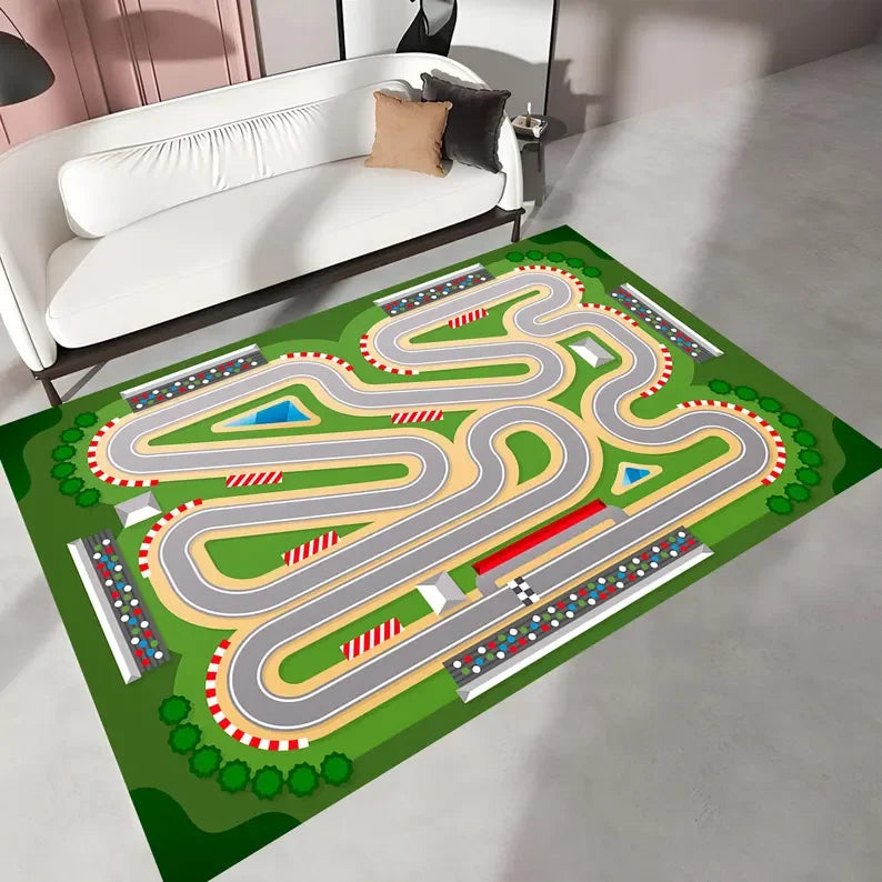tapis moderne course enfants voitures palmiers vert gris blanc rouge bleu orange salon chambre
