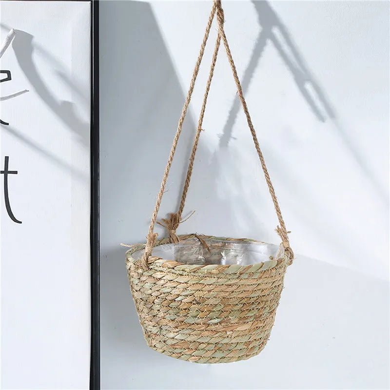 panier suspendu tissé fibres naturelles beige gris vert rustique boho chic cordelette plante verteintérieurextérieurDecorationMaison