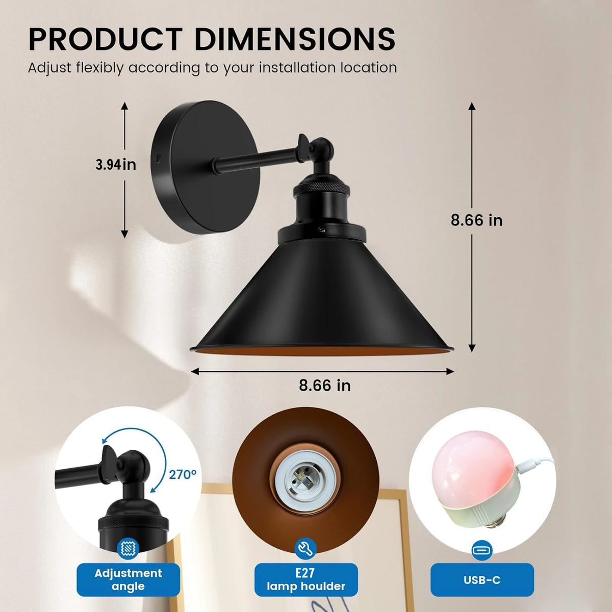 applique murale industrielle led rechargeable noir cuivre éclairage quotidien temporisation télécommande 15 couleursRGBOptimal