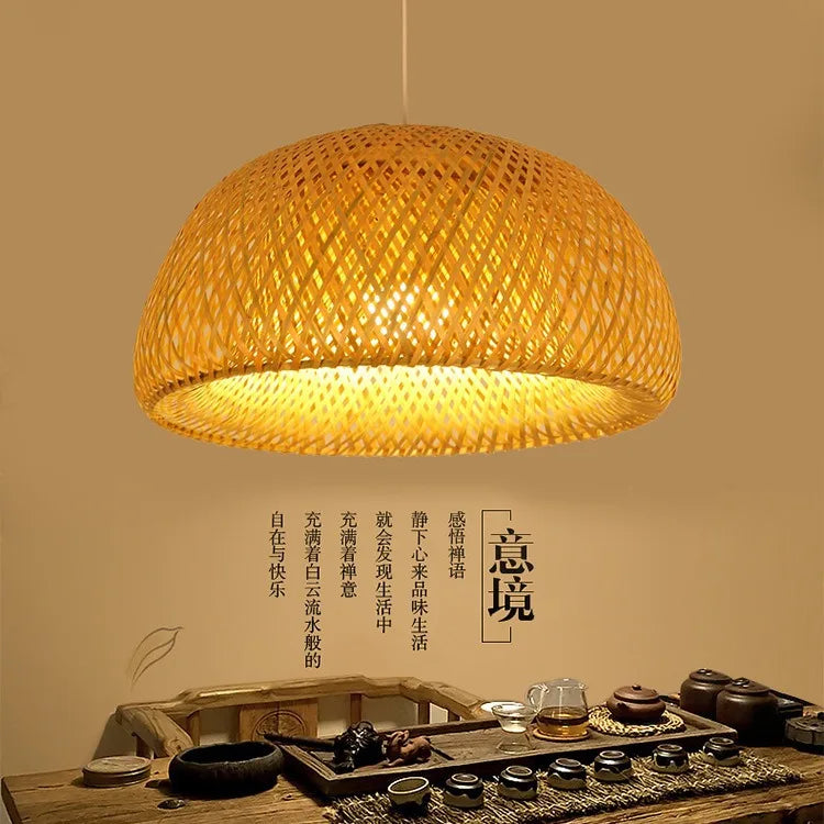 suspension lumineuse tissage bambou naturel moderne rustique 26cm opacité câble noir
