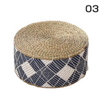 coussin futon rond tissé motifs géométriques beige bleu marine blanc boho rustique