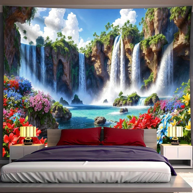 tapisserie imprimée paysage cascade moderne multicolore polyestère décoration chambre salon lintfree