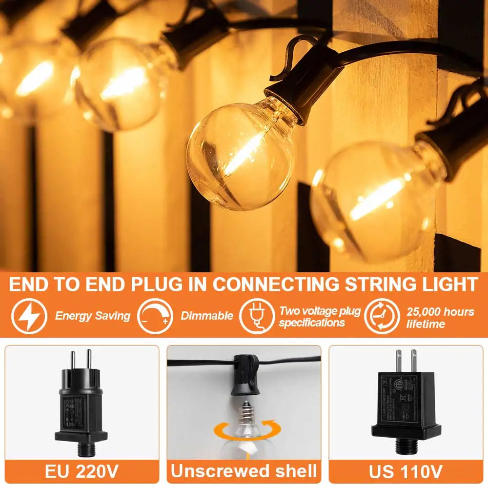 guirlande lumineuse led transparente 15 ampoules rondes vintage clips adaptateurs 220v 110vextérieur