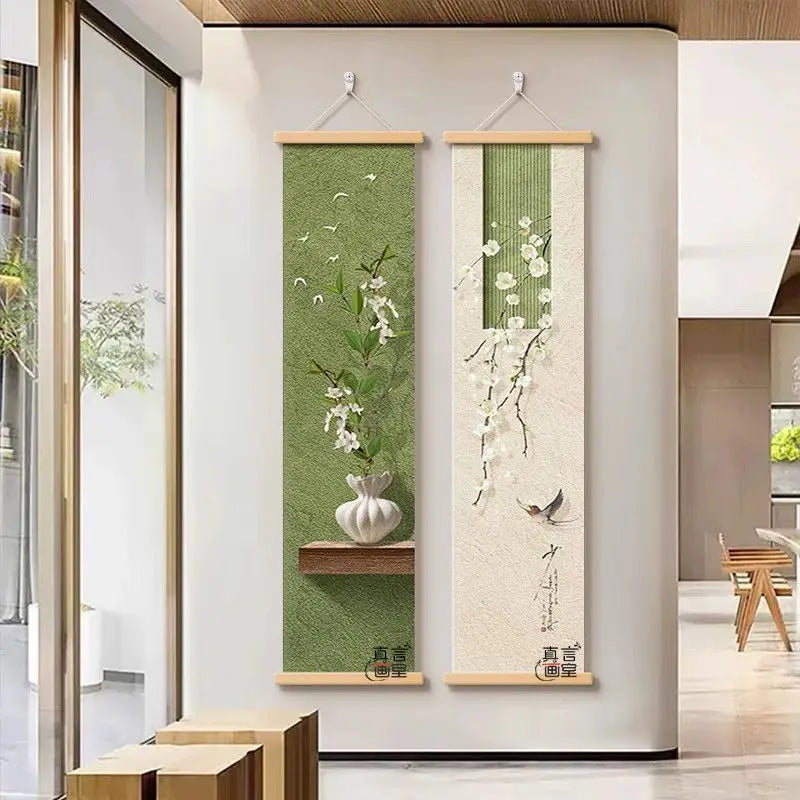 cadre mural suspendu paysage japonais fleurs blanches branches vertes oiseau noir texte chinois verte