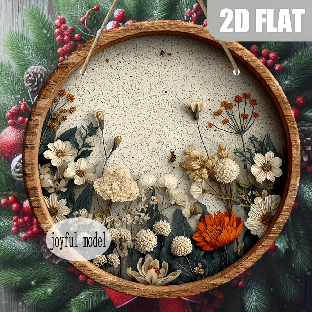décoration murale ronde fleurs séchées bois clair blanc beige orange vert rustique bohème 20cm