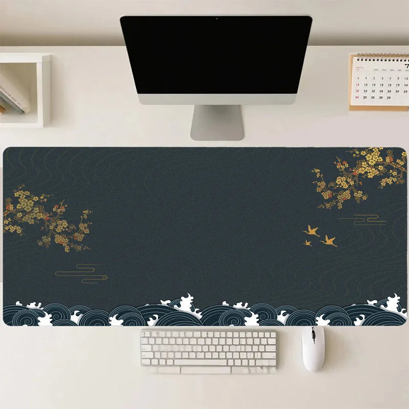 tapis souris noir or blanc japonais motifs fleurs oiseaux texture fine 60cmx30cm 70cmx40cm