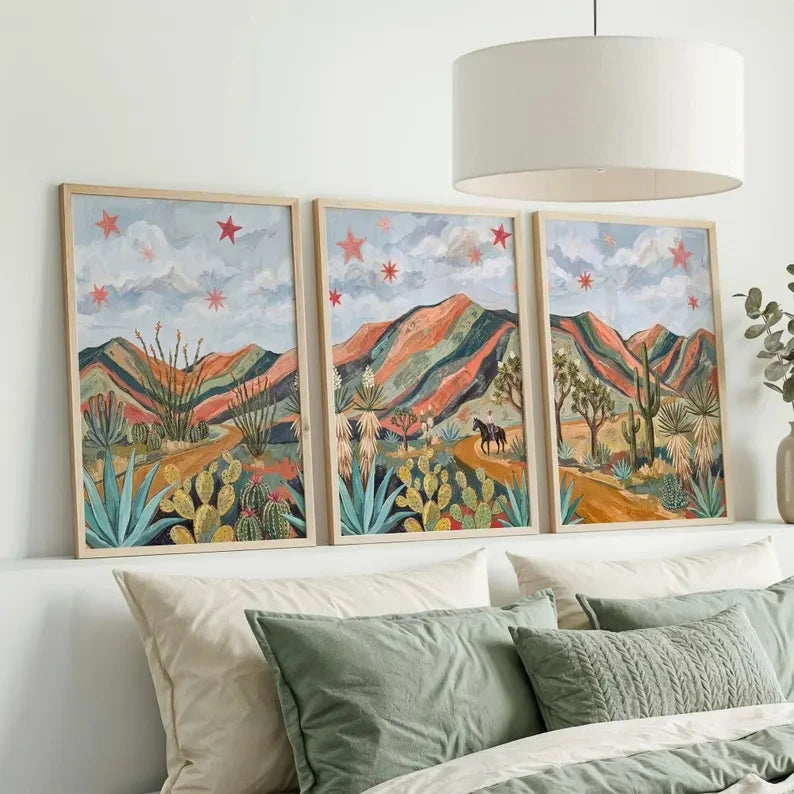 tableaux muraux modernes toile imprimée cactus paysage désertique multicolore cadre bois chambre salon decoration