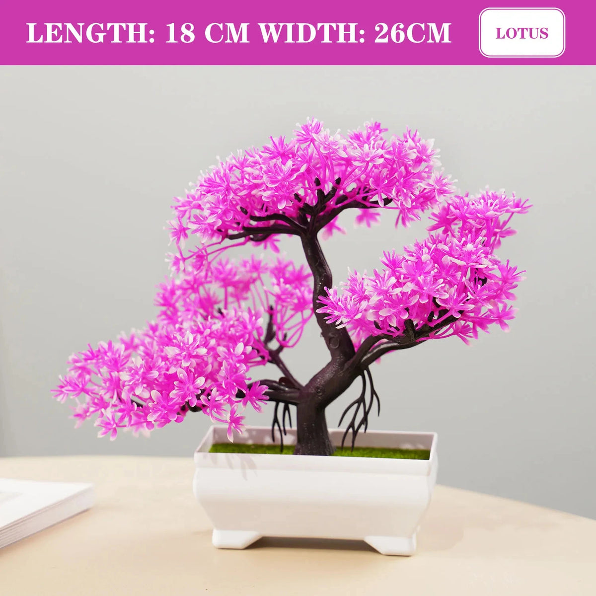 plante artificielle bonsaï pot violet vert rose feuilles fines mousse verte décoration intérieure extérieure