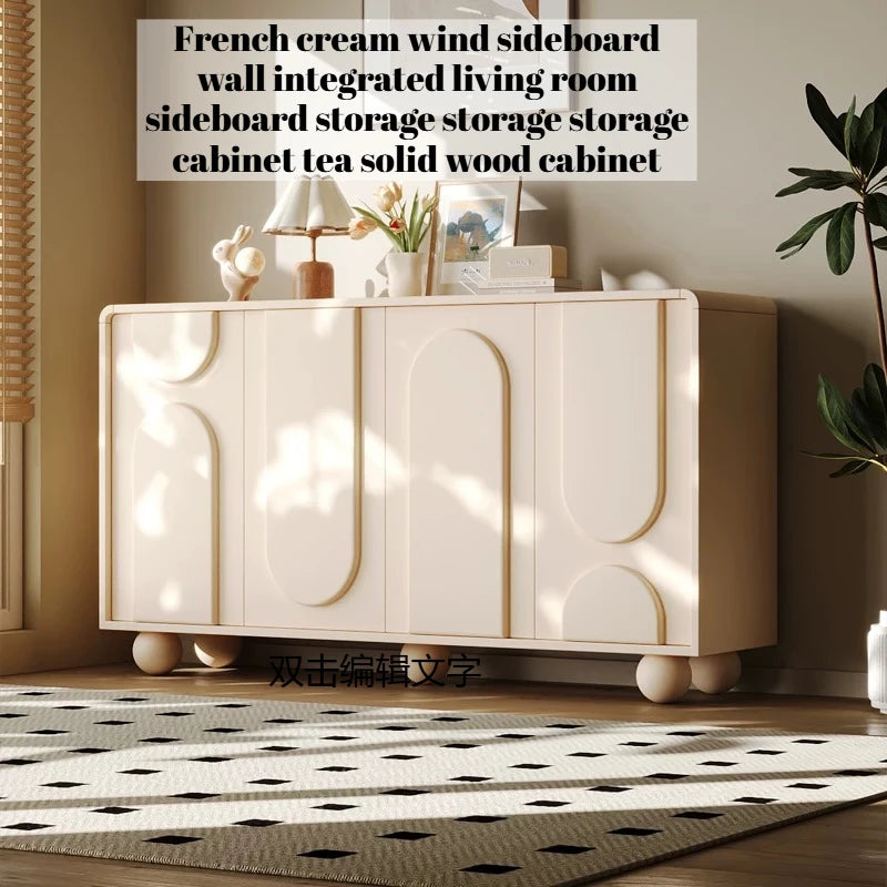 meuble rangement moderne bois motifs géométriques beige clair pieds ronds