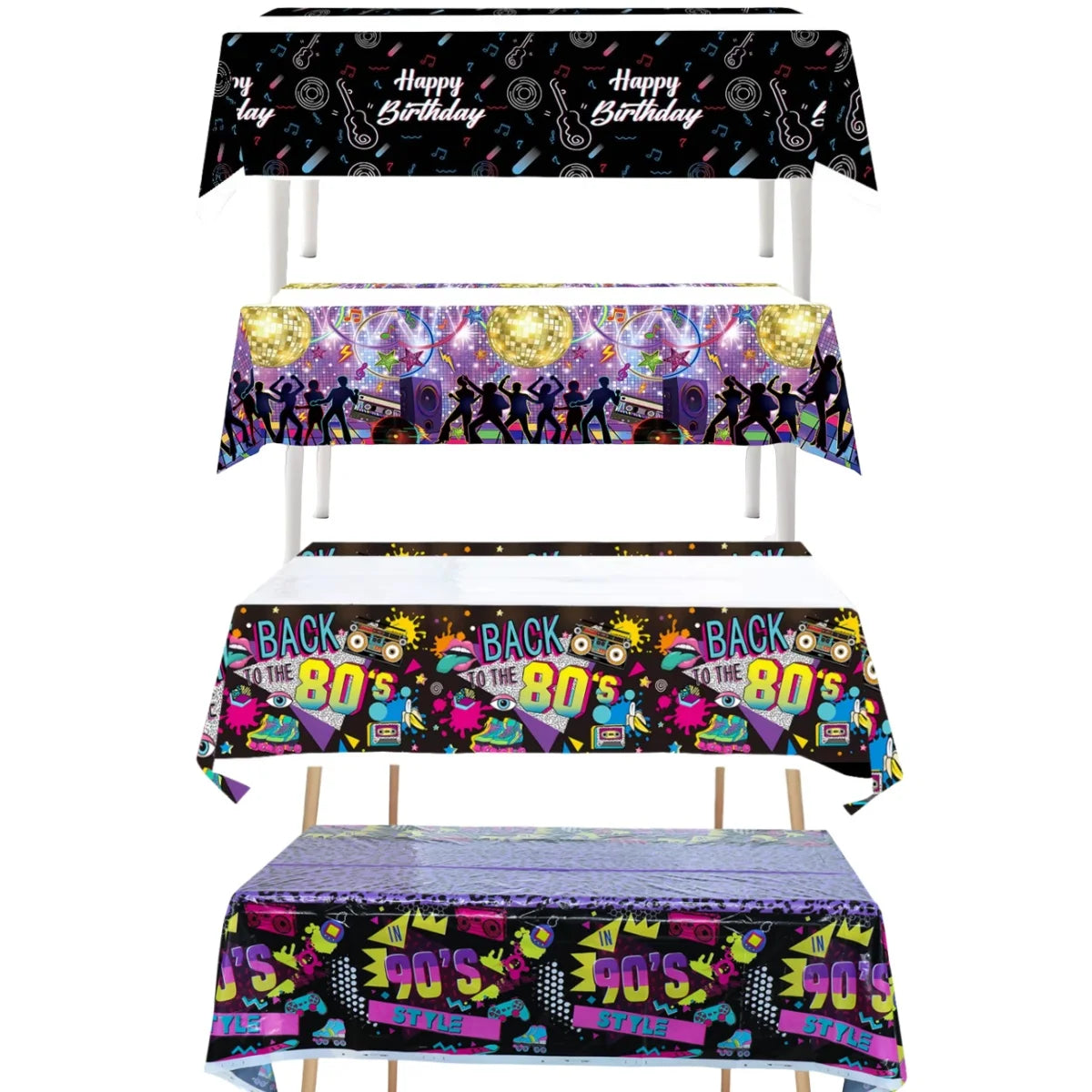 nappe festive années 80 90 guitares musiques danseurs cassettes audio table anniversaire disco rétro