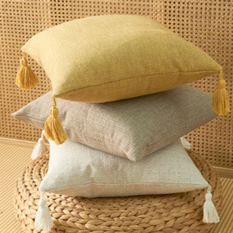 coussin carré rustique americain tassel texture tissée lavable vert jaune rose gris beige