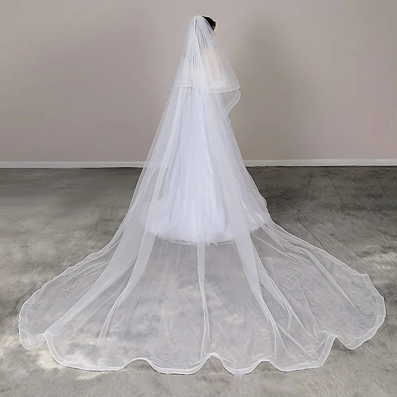 voile mariée deux niveaux blanc transparent classique broderie fine 300cm elegante crin cheval