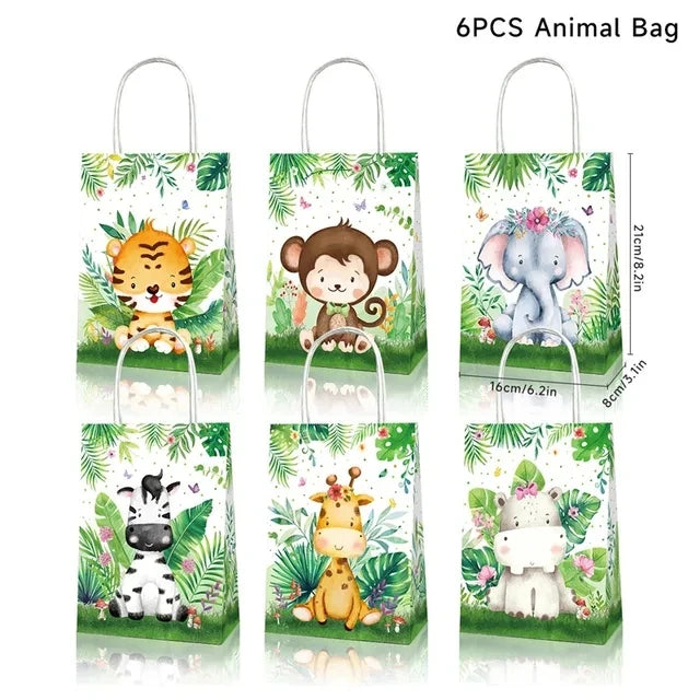 sacs cadeau anniversaire enfant animaux jungle tigre singe éléphant zèbre aquarelle adorable blanc vert