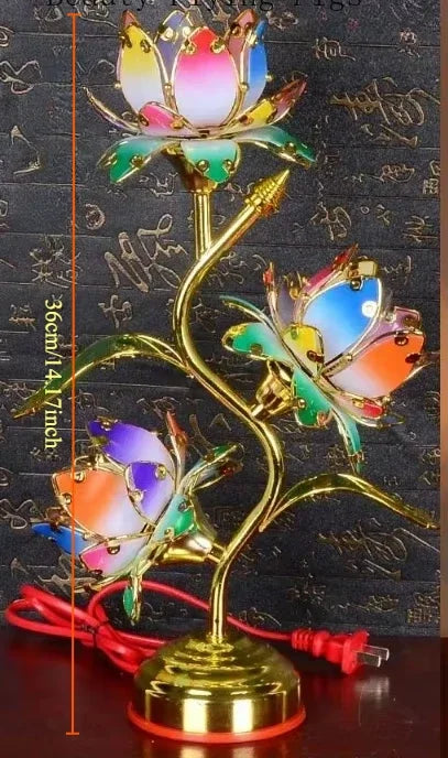 lampe table art nouveau fleurs multicolores pétales translucides base dorée métal décoration intérieure moderne