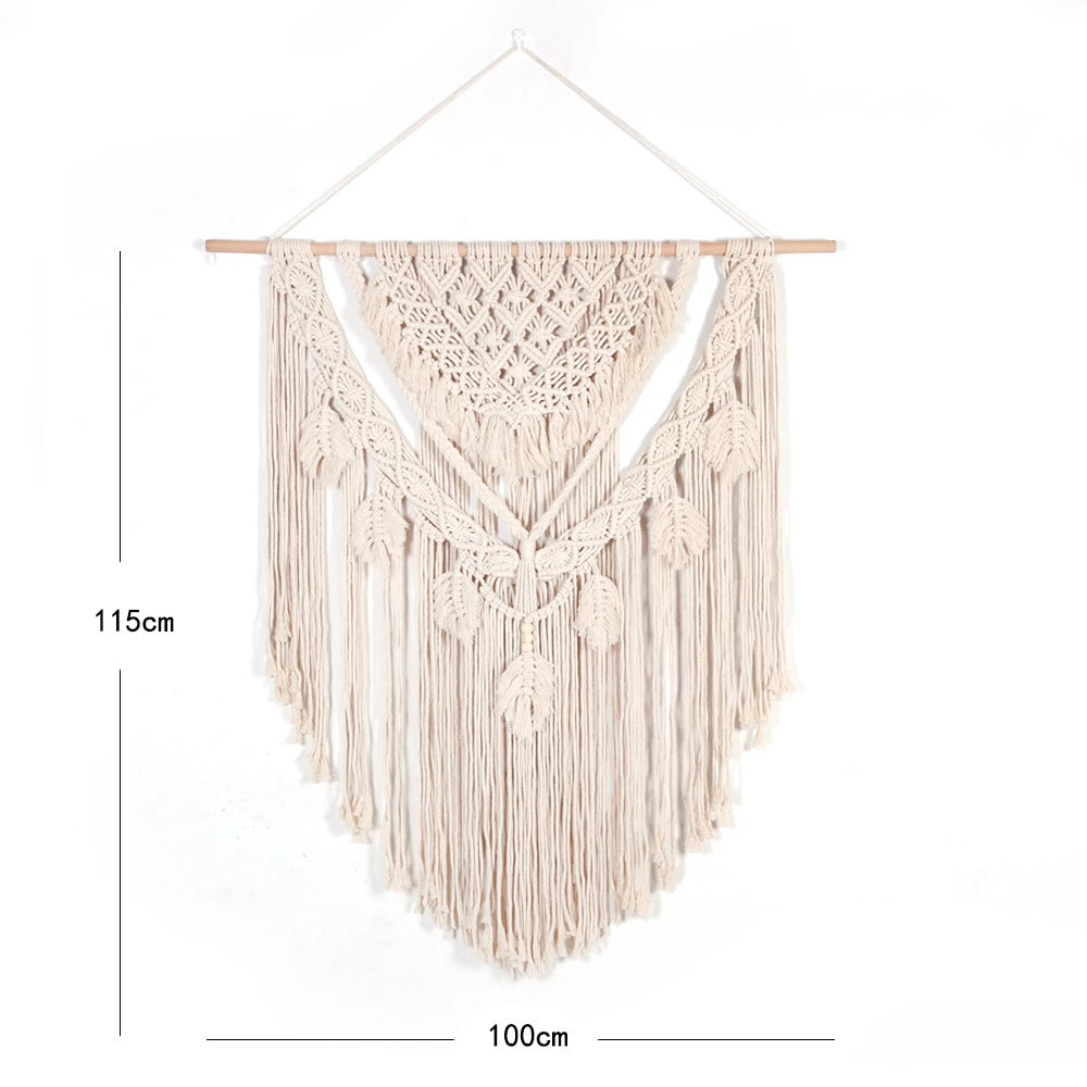 tapisserie macramé géométrique franges bohème décoration murale øllets beige clair
