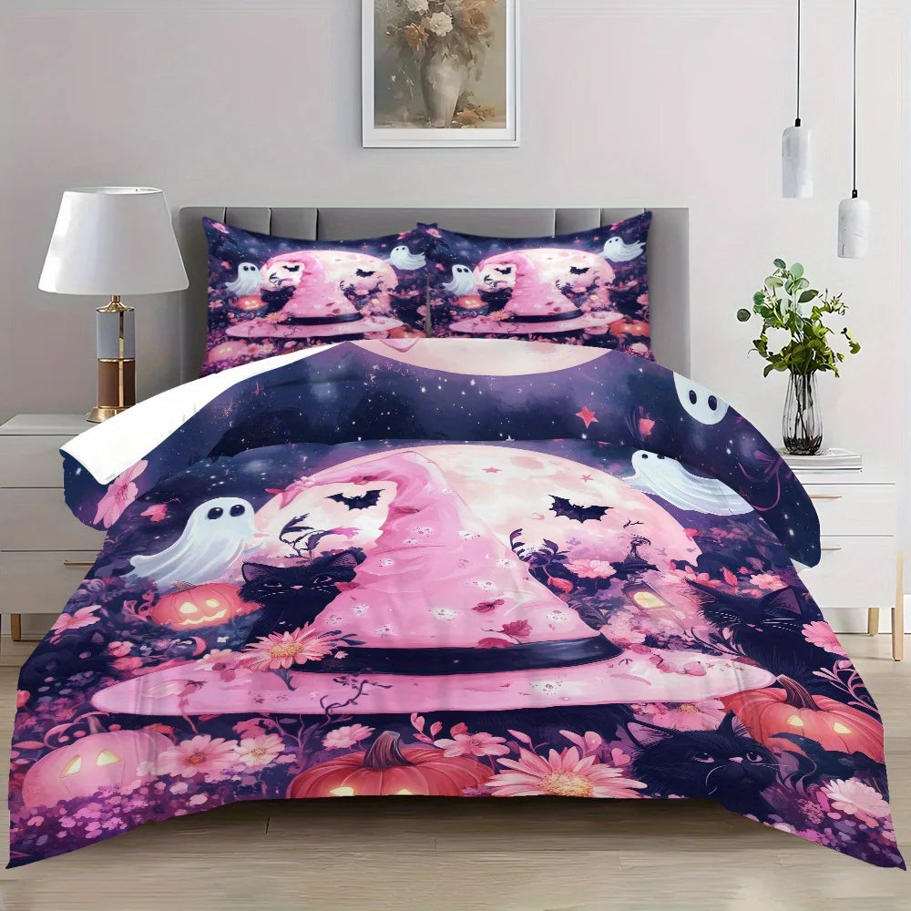 housse couette impression 3d fantaisie halloween rose noire blanc fantômes chauves souris citrouilles