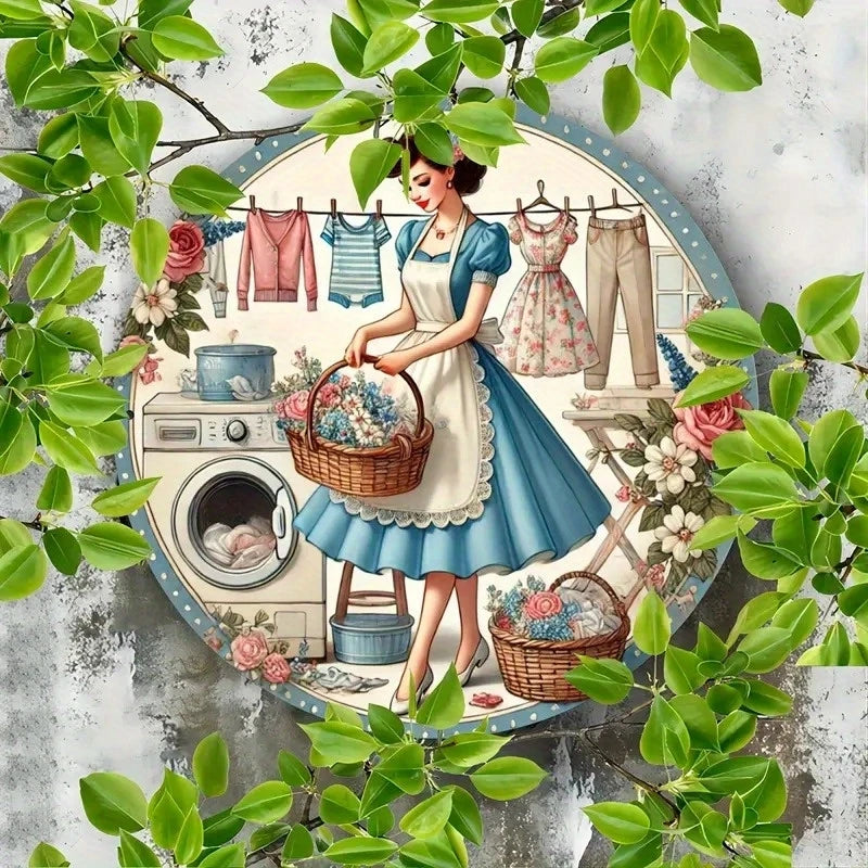 décoration murale vintage plaque bois fleurs vêtements suspendus machine lave bleu blanc rose vert