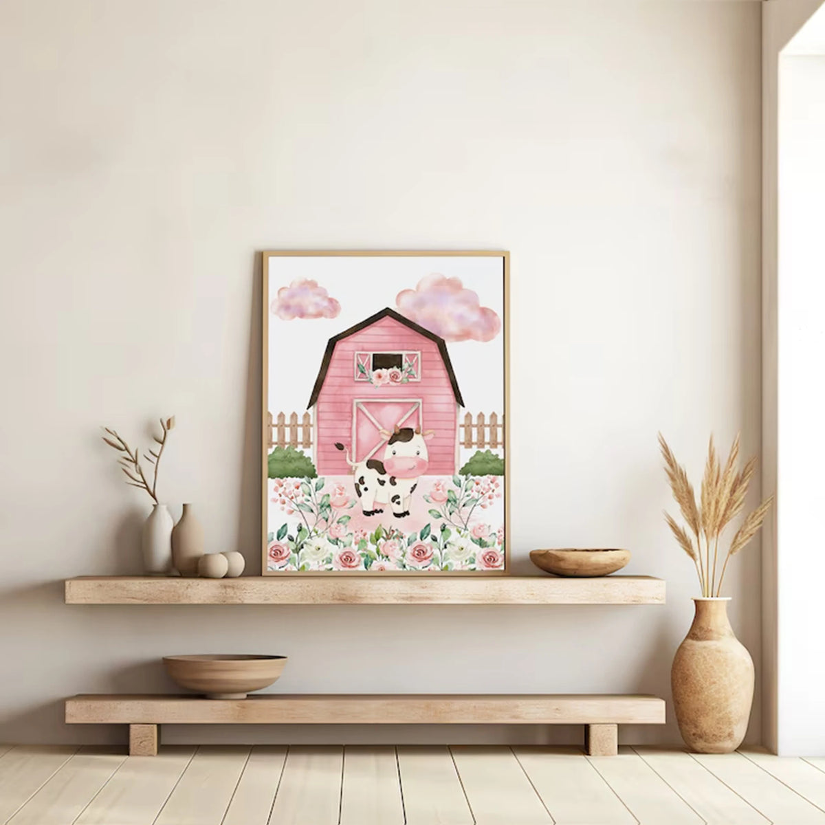 affiches illustratives animales deco murale chambre enfants rose verte blanc
