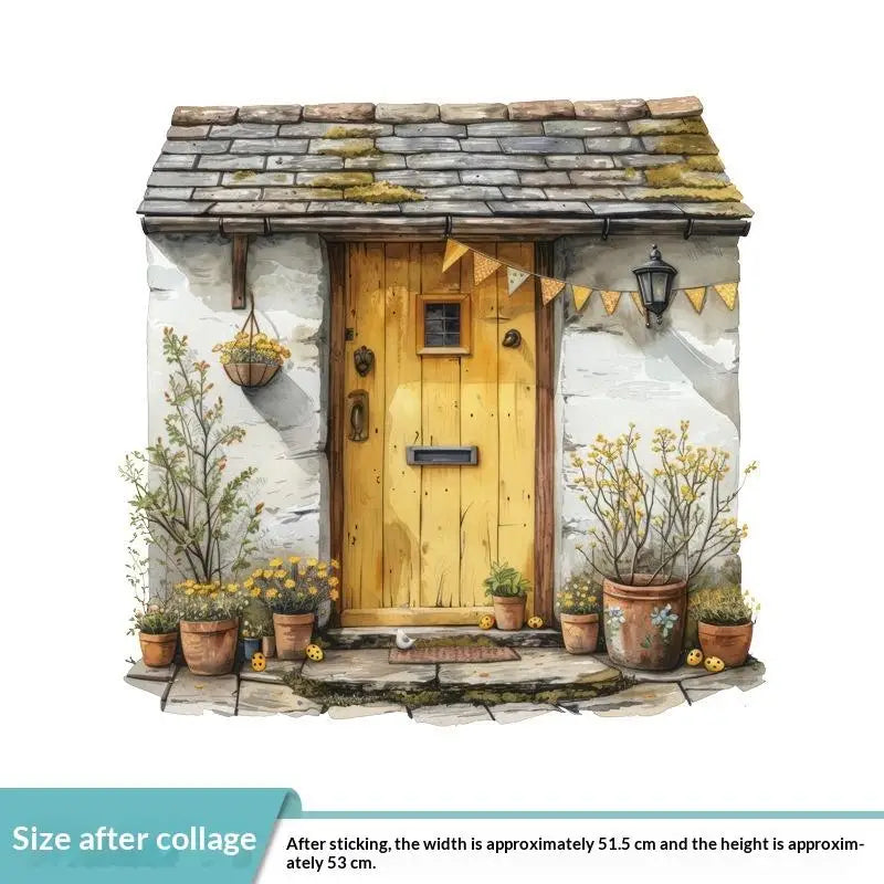 autocollant mural vintage paysage fenêtre volets bleus plantes vertes guirlande fleurs chat niche naturel