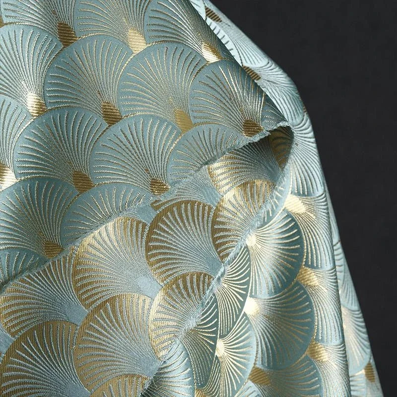tissu brocart bleu or motifs éventails brillants art déco 150cm large vintage matériaux bricolage