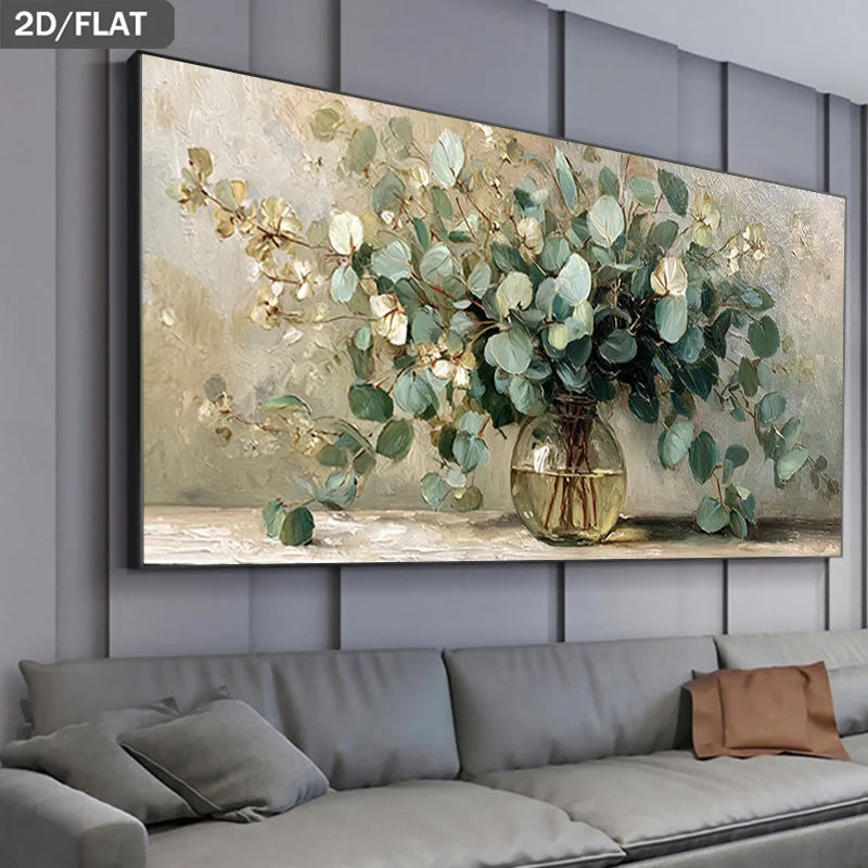 tableau toile fleurs feuilles moderne beige vert blanc décoration murale impression horizontale sans cadre