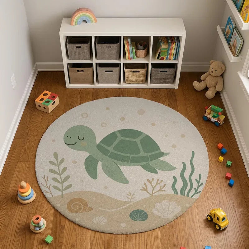 tapis rond tortue souriante algues coquillages moderne gris clair vert chambre enfant 80x80cm 120x120cm