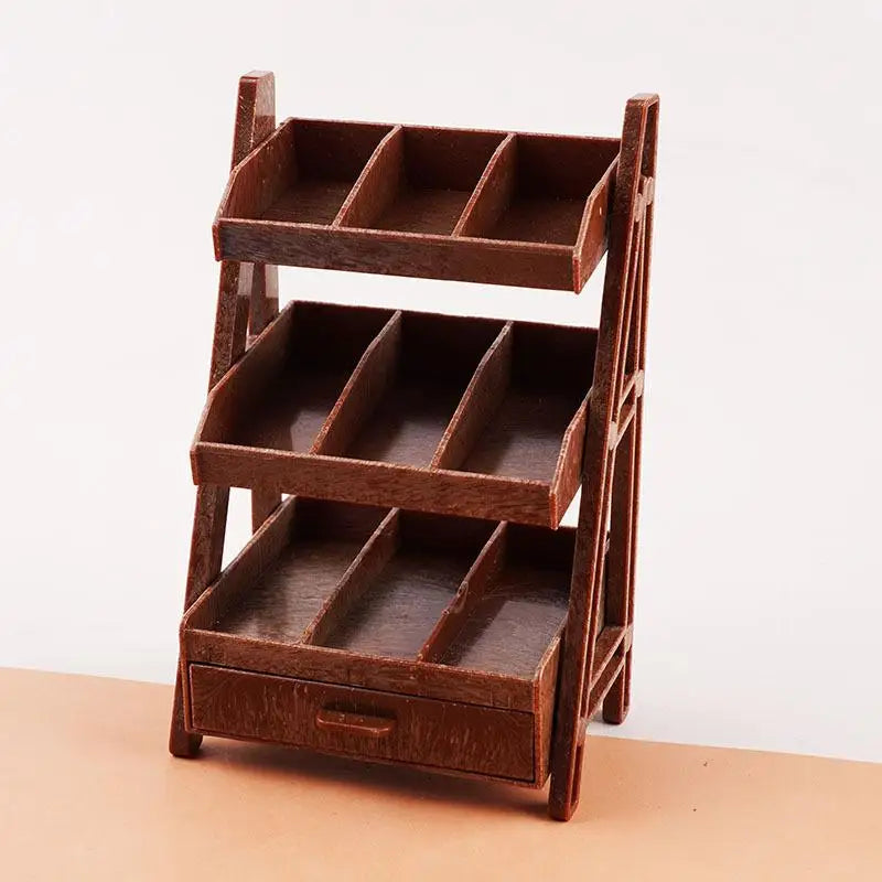 étagère miniature rustique étagère supermarché accessoire poupée texture bois boîtes conserve fruits légumes vintage