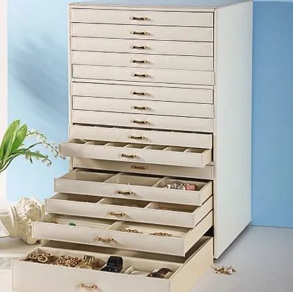 coffret bijoux moderne simili cuir noir blanc vert compartiments poignées dorées stockage sécurité